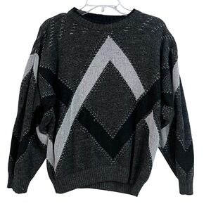 Vtg Mens Italian Geometric Pattern Sweater Black Gray White Wool Blend Small